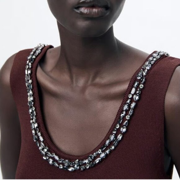 NWT Zara Jewel Beads Ribbed Knit Burgundy Top S - Picture 2 of 16